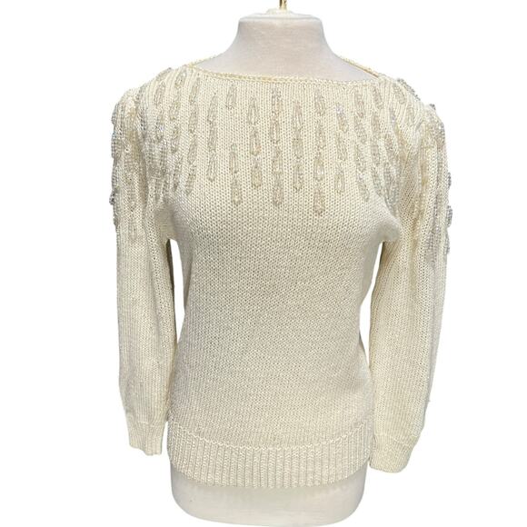 VTG 80s Glam Beaded Hand Knit Sweater Sz L Angora Wool Fringe Puff Sleeve Party - Picture 4 of 13